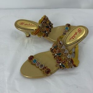 G Sparrow Jewel tone multi color bling embellished kitten heel slip on sandals